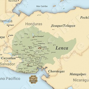 May include: A map of Central America showing the location of the Lenca people. The map is beige with green markings for the Lenca territory. The map also shows the locations of other indigenous groups in the region, including the Maya, the Jicaque/Tolupan, the Chorotegas, the Matagalpas, the Sumu, and the Pech/Paya.