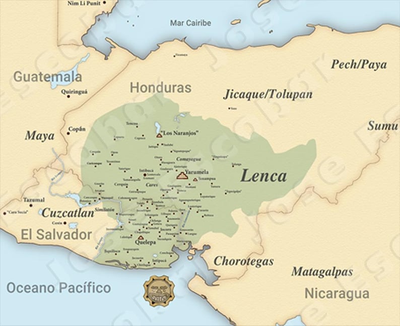 May include: A map of Central America showing the location of the Lenca people. The map is beige with green markings for the Lenca territory. The map also shows the locations of other indigenous groups in the region, including the Maya, the Jicaque/Tolupan, the Chorotegas, the Matagalpas, the Sumu, and the Pech/Paya.