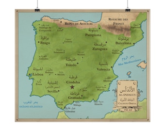 Spain / Al-Andalus 750 AD during Islamic Umayyad Caliphate - Vintage Textured Map Poster
