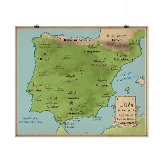 Spain / Al-Andalus 750 AD during Islamic Umayyad Caliphate - Vintage Textured Map Poster