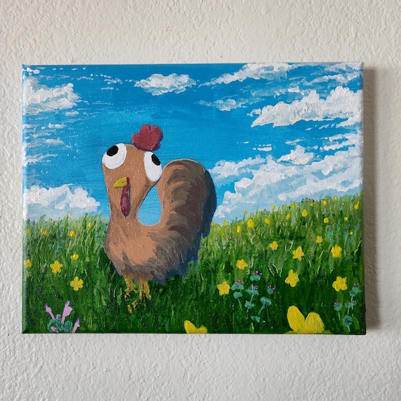 Derpy Chicken in a field of flowers 10x8 inch Painting