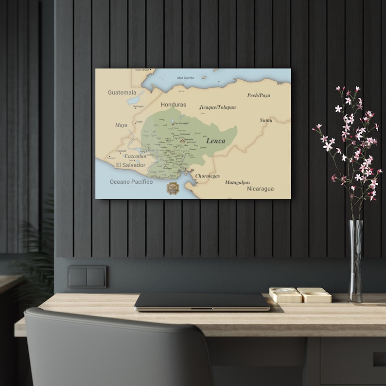 May include: A map of Central America highlighting the Lenca indigenous territory in green. The map shows the countries of Guatemala, Honduras, El Salvador, and Nicaragua. The map also includes the names of various indigenous groups in the region.