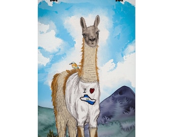 Guanaco El Salvador Poster, Whimsical Llama Watercolor Art