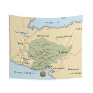 May include: A beige map tapestry depicting the Lenca people of Central America. The map shows the location of the Lenca people in Honduras and El Salvador. The map also includes the names of nearby indigenous groups, such as the Maya, Jicaque/Tolupan, Chorotegas, and Matagalpas.