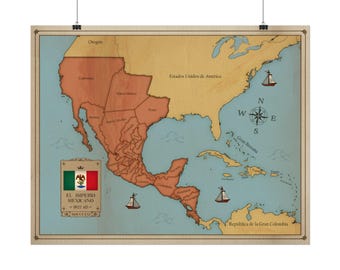 1822 Mexican Empire Map Poster, Vintage Textured Art Print, Educational Home Decor