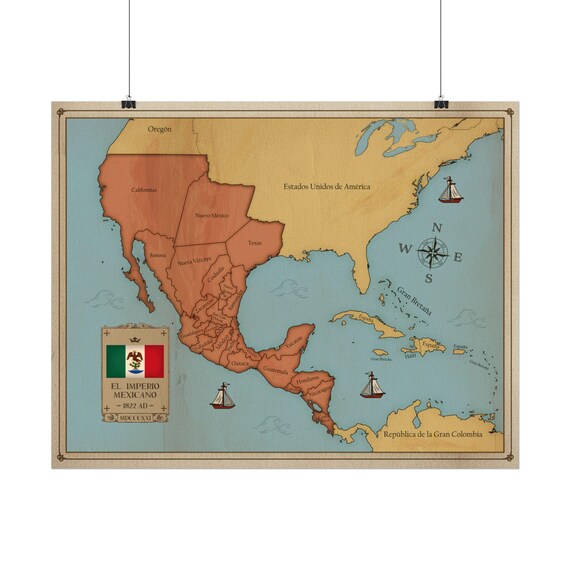 1822 Mexican Empire Map Poster, Vintage Textured Art Print, Educational Home Decor