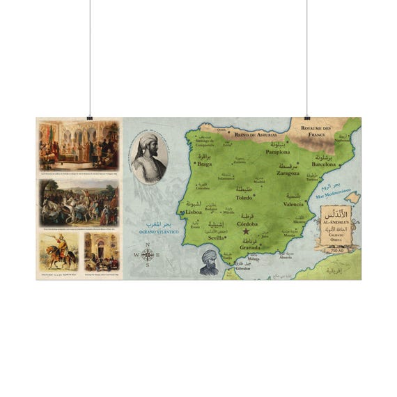 Historical Spain / Al-Andalus 750 AD during Islamic Umayyad Caliphate - Vintage Textured Map Poster