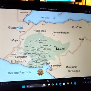 May include: A map of Central America showing the Lenca territory in Honduras. The map is labeled with the names of various indigenous groups, including the Maya, Jicaque, Tolupan, Pech, Paya, Sumu, Chorotegas, and Matagalpas. The map also shows the locations of various cities and towns, including Cop&aacute;n, Comayagua, and Quelepa.