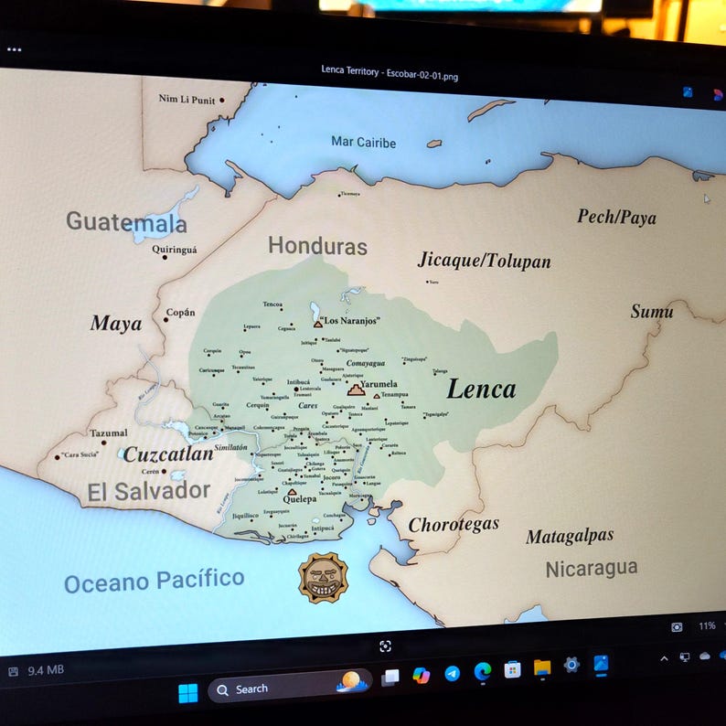 May include: A map of Central America showing the Lenca territory in Honduras. The map is labeled with the names of various indigenous groups, including the Maya, Jicaque, Tolupan, Pech, Paya, Sumu, Chorotegas, and Matagalpas. The map also shows the locations of various cities and towns, including Cop&aacute;n, Comayagua, and Quelepa.