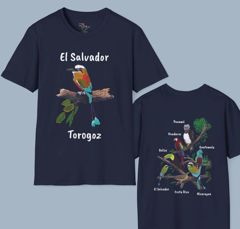 May include: Two navy blue t-shirts with a central image of a bird. The front shirt features a colorful bird with the text "El Salvador Torohoz". The back shirt features a variety of birds with the text "Panama, Honduras, Belize, Guatemala, El Salvador, Costa Rica, Nicaragua".