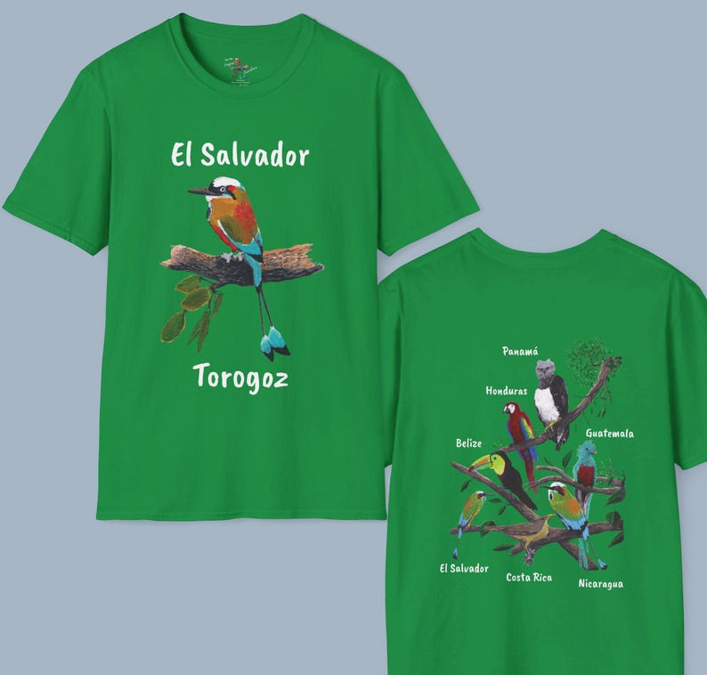May include: Green t-shirt with a bird illustration and the text "El Salvador Torogoz". The back of the shirt features a map of Central America with birds representing each country.