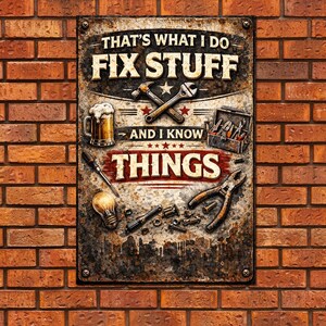 May include: A rectangular metal sign with the text "THAT'S WHAT I DO FIX STUFF AND I KNOW THINGS." The sign features illustrations of tools, a beer mug, and a toolbox, set against a distressed, rusty background. The sign is mounted on a brick wall.