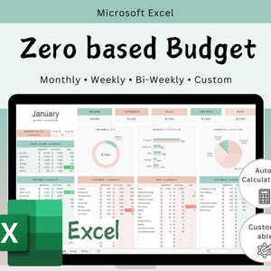 Puede incluir: Una pantalla de portátil que muestra una hoja de cálculo de Microsoft Excel con el texto "Zero based Budget". La hoja de cálculo está organizada con secciones para ingresos, gastos y ahorros. El logotipo de Excel es visible, junto con "Auto Calculations" y "Customizable."