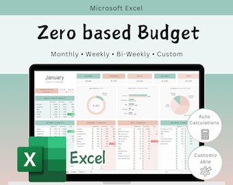 May include: A laptop screen displaying a Microsoft Excel spreadsheet with the text "Zero based Budget." The spreadsheet is organized with sections for income, expenses, and savings. The Excel logo is visible, along with the words "Auto Calculations" and "Customizable."