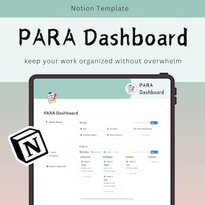 Puede incluir: Una tableta digital muestra una plantilla de Notion PARA Dashboard. La pantalla muestra un panel con secciones para ventas, atención al cliente y gestión de proyectos. El texto "PARA Dashboard" se muestra en negrita.