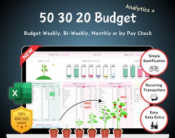 Easy 50 30 20 Budget Spreadsheet Excel Budget Planner | Weekly BiWeekly Monthly Budget financial planner, Debts Saving Bills Expense Tracker
