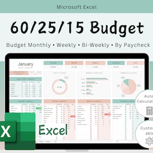 60/25/15 Budget Planner Excel Spreadsheet (Digital Download) imagen 1