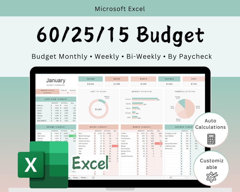 60/25/15 Budget Planner Excel Spreadsheet (Digital Download) imagen 1