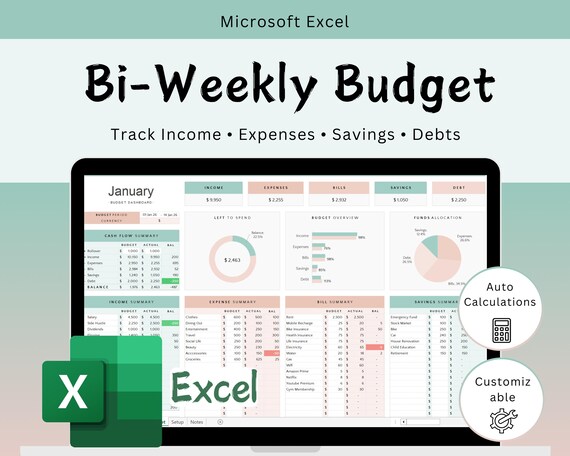 Excel Bi-Weekly Budget Planner Spreadsheet tracker (Digital Download)