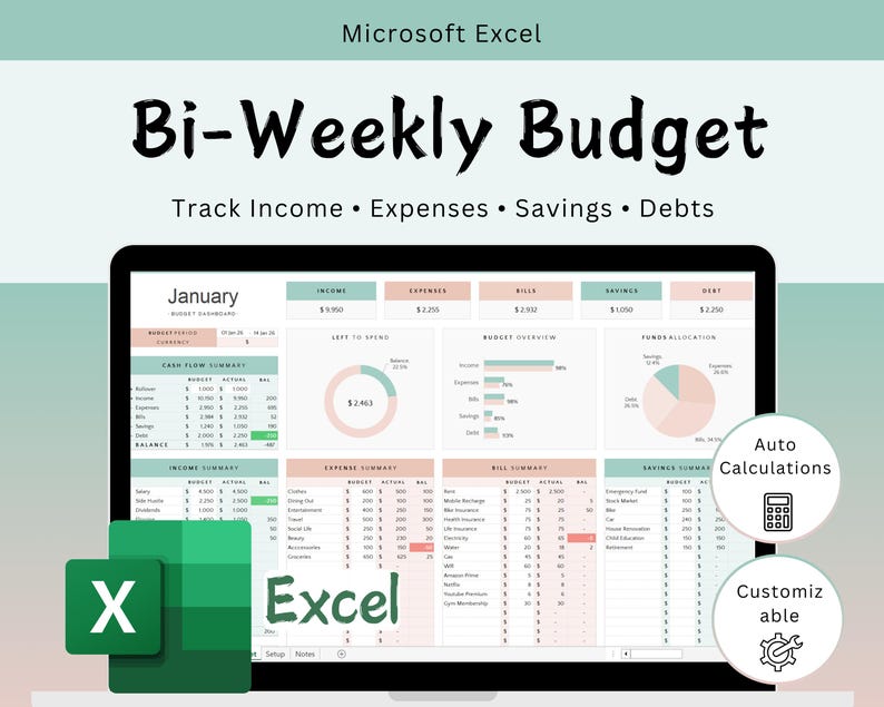 Excel Bi-Weekly Budget Planner Spreadsheet tracker (Digital Download) immagine 1