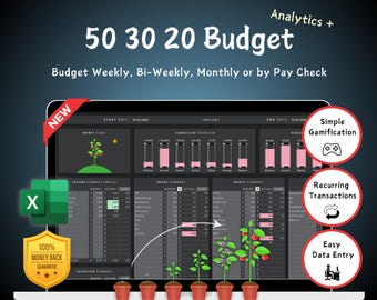 Easy 50 30 20 Budget Spreadsheet Excel Budget Planner | Weekly BiWeekly Monthly Budget Tracker Excel financial planner template, dark mode