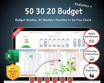 Easy 50 30 20 Budget Spreadsheet Excel Budget Planner | Weekly BiWeekly Monthly Budget financial planner, Debts Saving Bills Expense Tracker