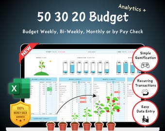 Easy 50 30 20 Budget Planner Excel Budget Spreadsheet | Weekly BiWeekly Monthly Budget financial planner, Debts Saving Bills Expense Tracker