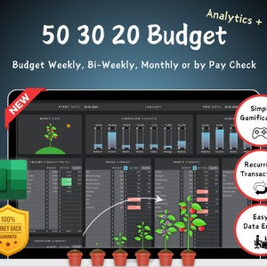 Easy 50 30 20 Budget Planner Excel Budget Spreadsheet | Weekly BiWeekly Monthly Budget Tracker Excel financial planner template, dark mode