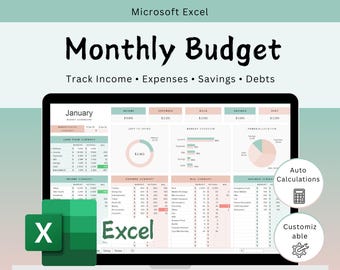 Excel Monthly Budget Tracker spreadsheet template | Income, Expenses, Savings, Debt Planner Dashboard