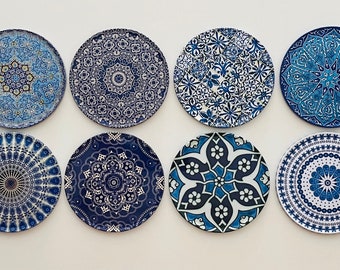 Sous-bocks | Lot de 8 sous-verres | Motif bleu | Sous-bocks artistiques | de table basse à thé | Cadeaux pour elle | Cadeau de pendaison de crémaillère