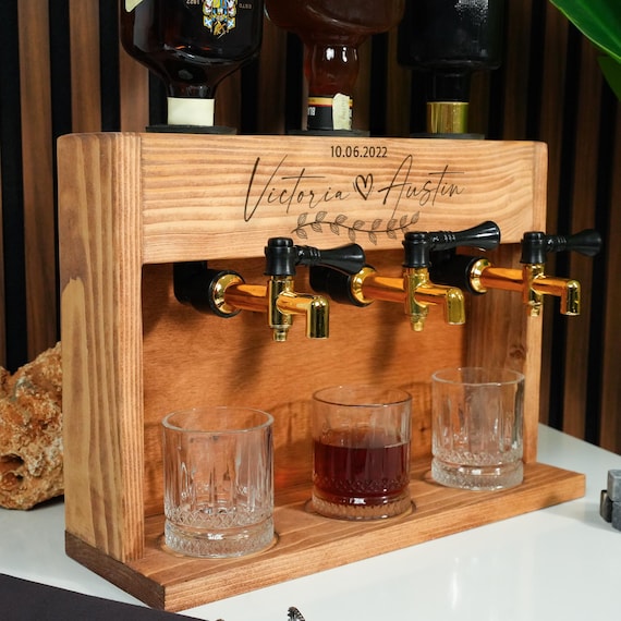 Personalized Wooden Whiskey Dispenser with Glasses, Liquor Decanter Set for Home Bar, Housewarming Gift, Whiskey Gifts for Him, Wedding Gift