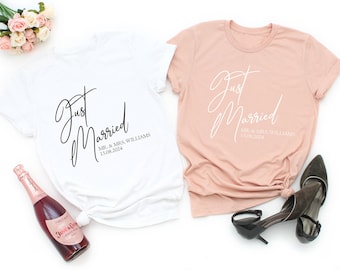 Camisetas de pareja, camiseta de recién casados, camisetas de pareja a juego, camisetas de fiesta nupcial, camisetas de boda, camisetas de luna de miel, regalo de fiesta de bodas, regalos de amor