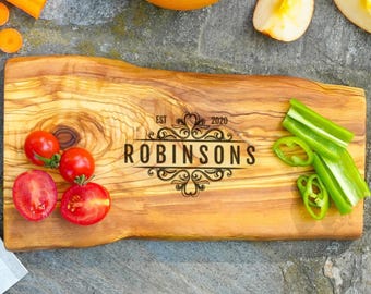 Custom Live Edge Olive Wood Cutting Board: Engraved Names for Bride & Groom