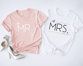Camiseta de Sr. Sra., camisetas de pareja a juego, camisetas de fiesta nupcial, camisetas de boda, camisetas de luna de miel, regalo de fiesta de bodas, regalos de amor, camisetas de pareja
