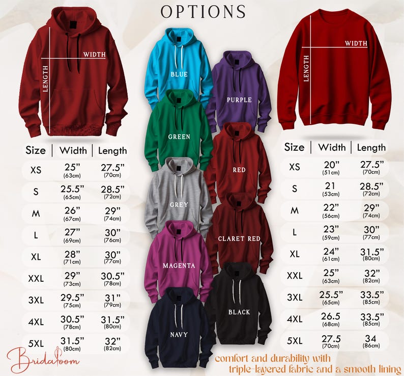 a picture of a size guide for a hoodie