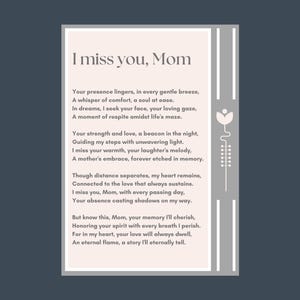 Dit "I Miss You Mom"-begrafenisgedicht afdrukbare instant download is perfect voor moeders gedenkteken of als herinnering