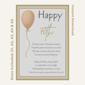 Gedicht 70e verjaardag afdrukbare Instant Download Perfect om in te lijsten en cadeau te doen of als onderdeel van verjaardagsversieringen