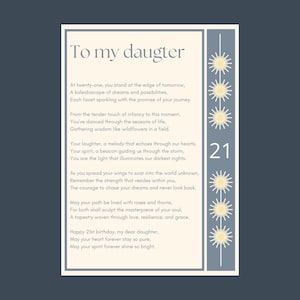 Poema de cumpleaños número 21 para hija, descarga instantánea, perfecto para enmarcar y regalar o como parte de la decoración de su cumpleaños