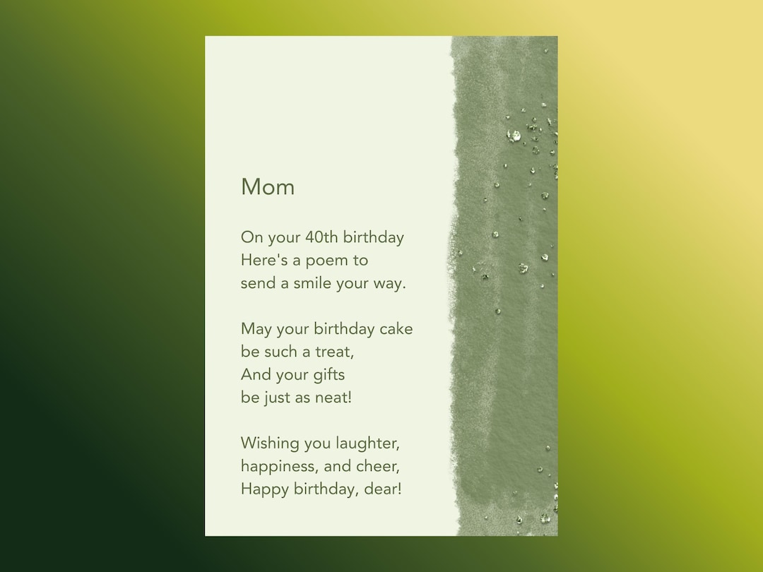 40th Birthday Poem for Mom: Printable Gift, Instant Download - Etsy