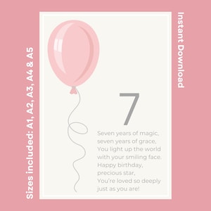 Joyeux 7e anniversaire poème imprimable pour petite fille téléchargement immédiat poème du septième anniversaire pour fille ou petite-fille décoration d'anniversaire