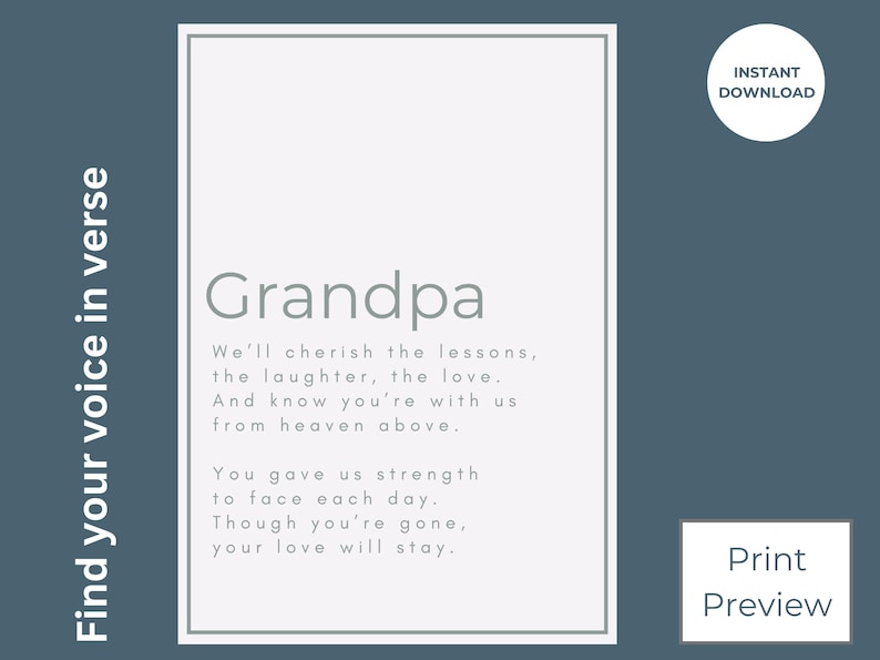 Grandpa Funeral Poem Printable Instant Download Perfect for Memorial or