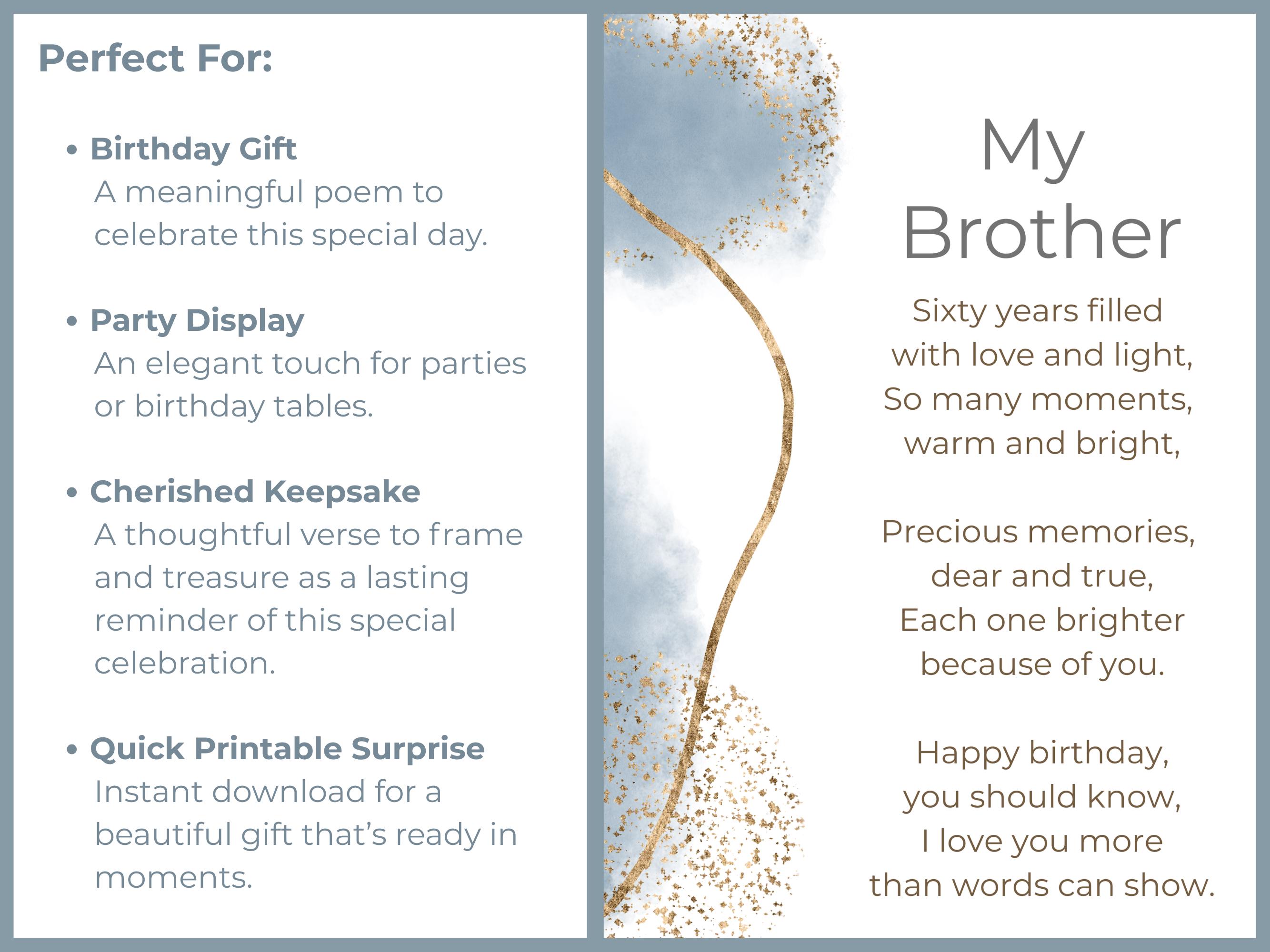 60th Birthday Poem for Brother Printable Milestone Keepsake Gift ...
