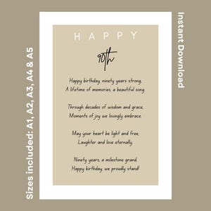 "Happy 90. Geburtstag Gedicht für Vater Mutter Großmutter Großvater Schwester Bruder Printable ""neunzig Jahre heute"" Vers Instant Download."