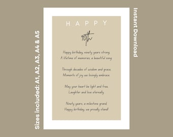 90th Birthday Poem: Elegant Printable Keepsake (Digital Download)