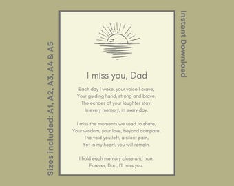 I Miss You Dad Funeral Poem Printable Instant Download Dad Memorial Poem Remembrance Poem In Loving Memory Of Father Healing Quotes