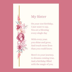 21st Birthday Poem for Sister Printable Milestone Gift Instant Download