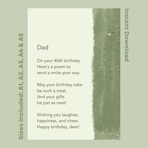 お父さんへの40歳の誕生日おめでとうの詩。特別な日にお父さんに贈る、印刷可能なお祝いの詩。すぐにダウンロードできます。40歳を迎えるあなたに乾杯。