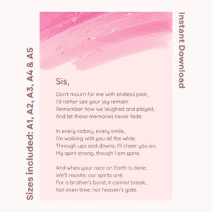 Poema de sanación para una hermana en duelo, en memoria de un hermano, imprimible, descarga instantánea, palabras de consuelo, recuerdo y aliento.