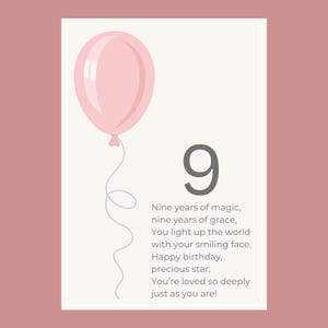9th Birthday Poem Printable With Pink Balloon Heartfelt Gift Instant Download