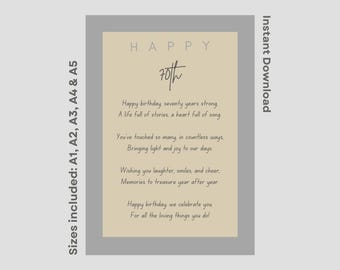70th Birthday Poem Print: Elegant Keepsake Gift (Digital Download)